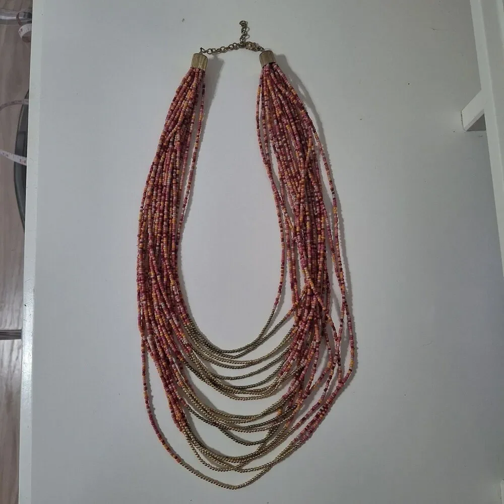 Multi Strand Multi Layered Pink Salmon Seed Beaded Statement Necklace Gold Tone